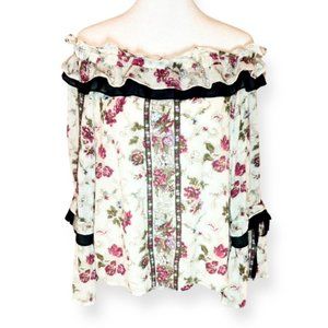 Club Monaco Boho Ivory Ruffled Off-The-Shoulder Elastic Neckline Floral Top